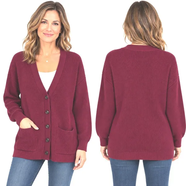 LOFT Womens XL Burgundy Red Shaker Stitch Cotton Button Front Cardigan Sweater - Image 2
