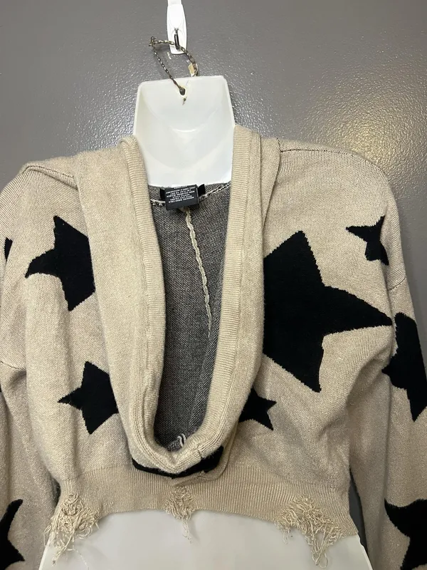Social Collision Sweater Womens Sm/Med Beige Star Hooded Distressed Cropped - Image 6