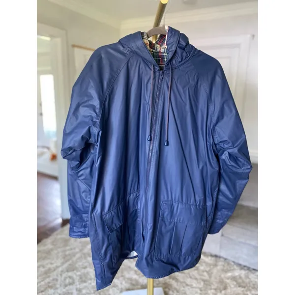 Vintage David Taylor Hooded Raincoat Navy Granola Plaid Lined‎ Warm Cozy Preppy - Image 2