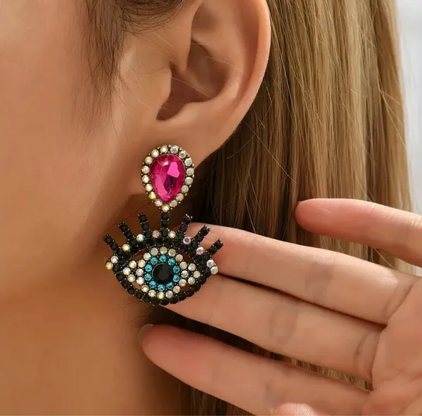 Exquisite Design Rhinestone Eye Earrings Pink - Image 2
