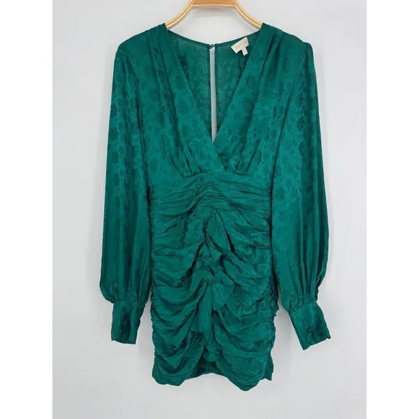 Ronny Kobo Carissa Dress Small Green‎ Silk Blend Ruched Floral Jacquard Cocktail - Image 4