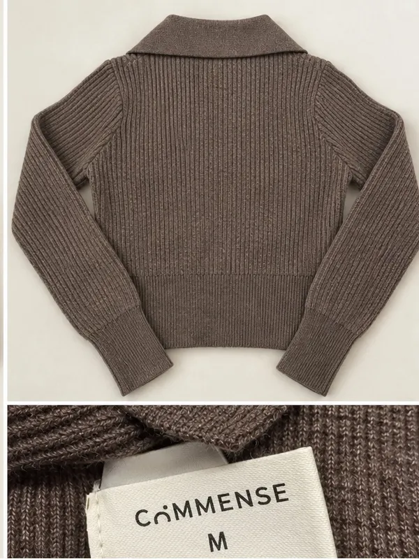 Commense Brown Ribbed Gold Clasp Collared Sweater M NWOT - Image 4