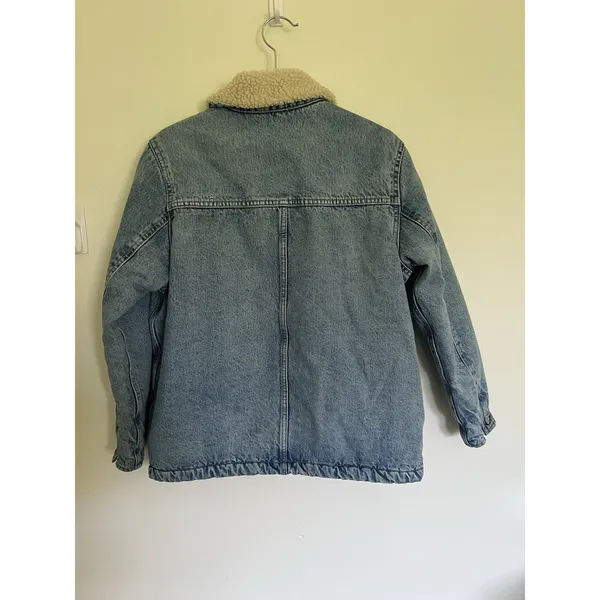 GAP Patch Pocket Sherpa Denim Jacket Chore Coat Barn Style Xs Petite Oversized - Image 9