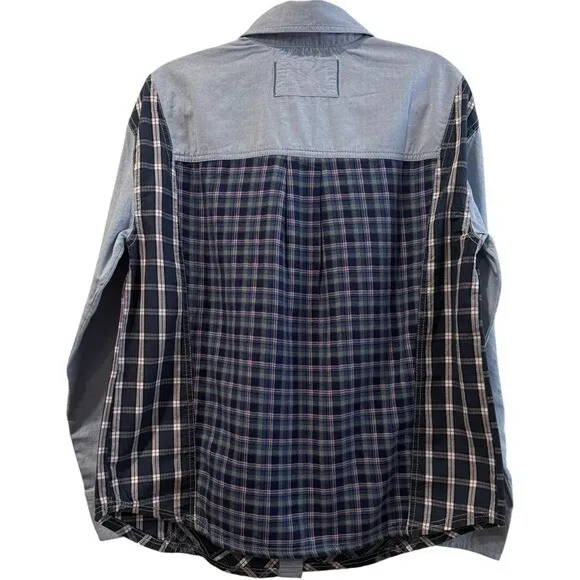 Free People Patchwork Argyle Plaid Oversized Blue Combo Chambray Shirt Small New - Image 5