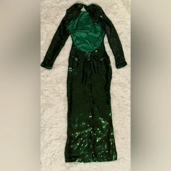 NEW HOUSE OF CB Belle Pine Green Sequin Open Back Long Sleeve Dress sz XS - Image 4