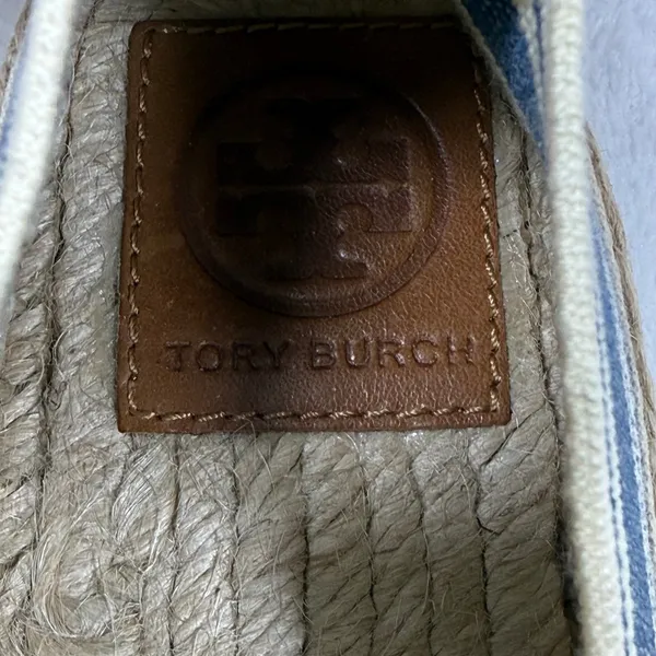 Tory Burch Striped Canvas Espadrille Flats Cream Blue Brown Slip On Shoes 9 - Image 7