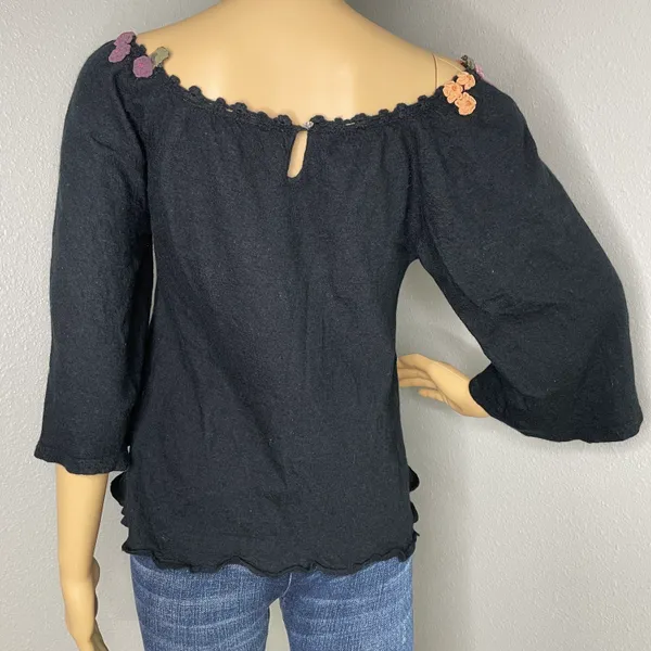 Moth for 3/4 Sleeve Black Wool Blend Blouse Floral Appliqué Detail - Image 7