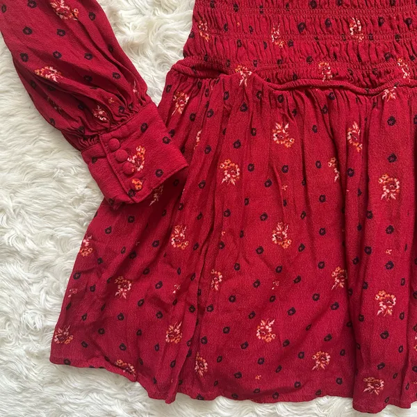 Free People Dress Two Faces Mini Ruched Bodice Long Sleeve Boho Ruby Red S - Image 8