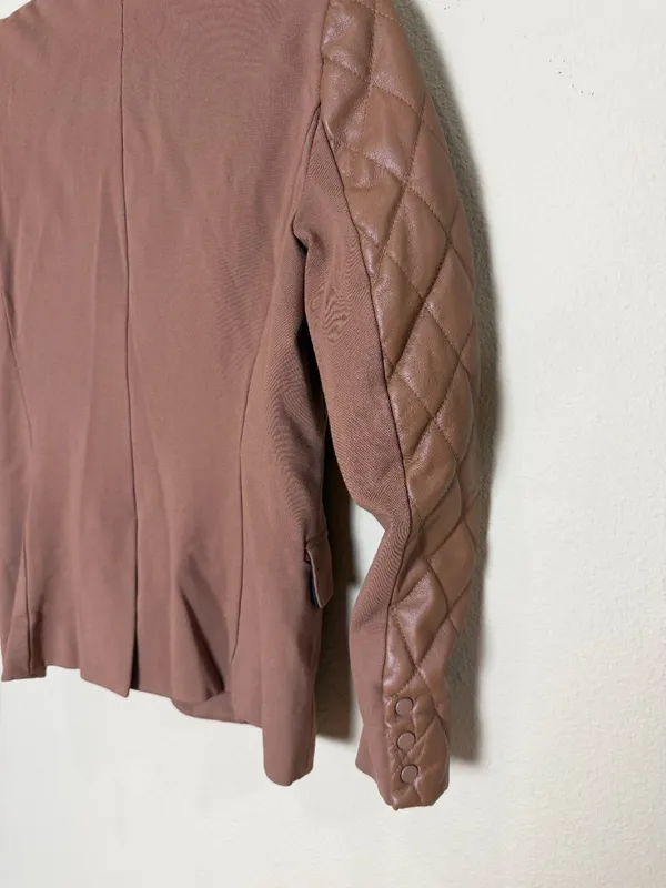 Central Park West Faux Leather Quilted Sleeve Blazer Jacket Camel Tan Size XS - Image 6