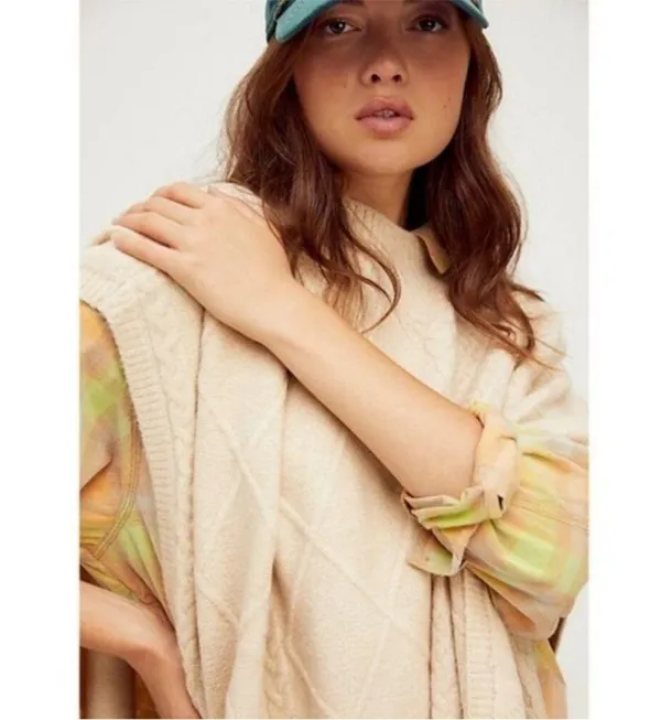 Free People Cream Harbour Stripe Cable knit Poncho Sweater Sz O/S NWT - Image 5