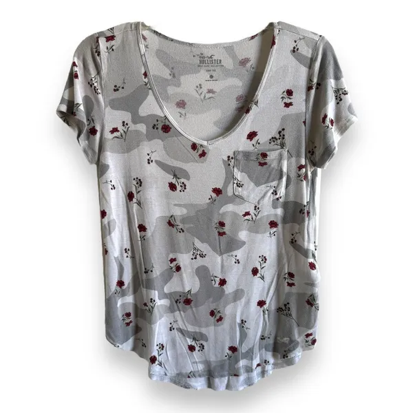 Hollister Womens Tee Sz XS Gray White Camo Camouflage Flowers Pocket Easy‎ Top - Image 4