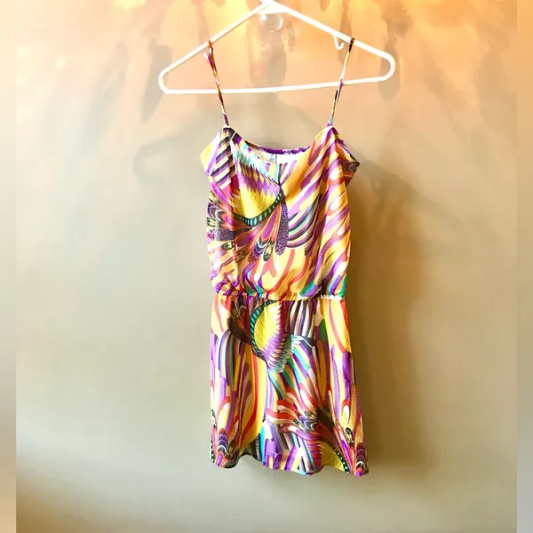 Groovy Multicolored Spaghetti Strap Short Dress with Cinched Waist Sz S - Image 5