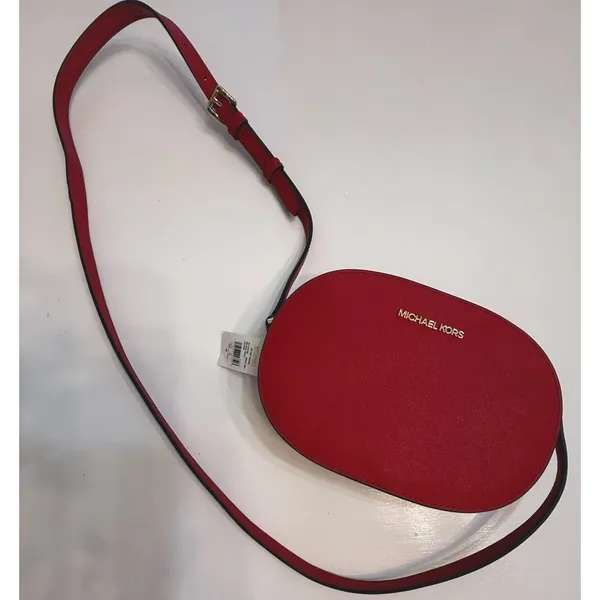 NWT Michael Kors Jet Set Travel Oval Crossbody Bag Red Zip Gold Hardware Strap - Image 3