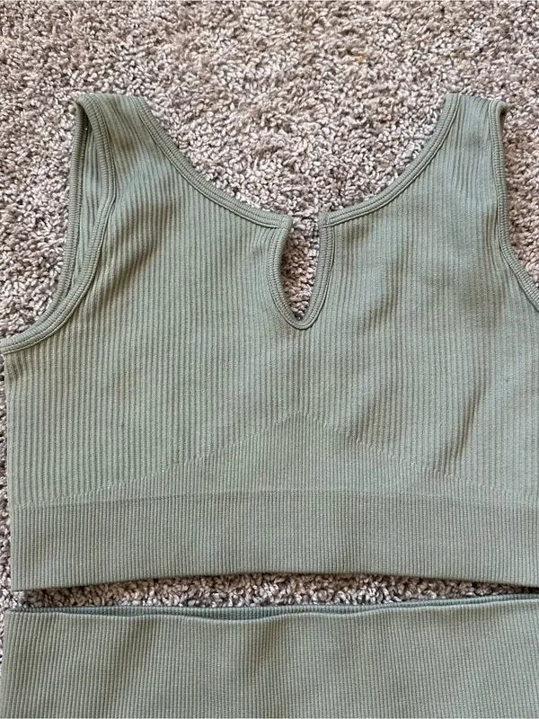 Ribbed High-Waist Athletic Shorts and Crop Tank in Sage Green - Image 4