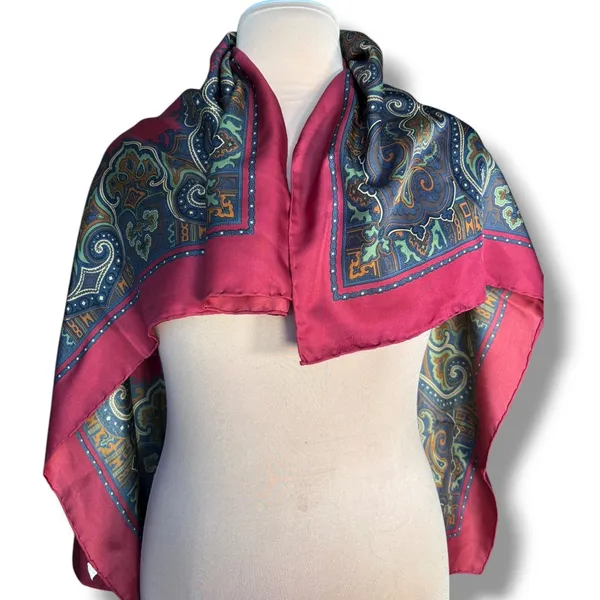 Vintage Silk Paisley Printed Scarf Red Blue Medallion Made In England Equestrian - Image 2