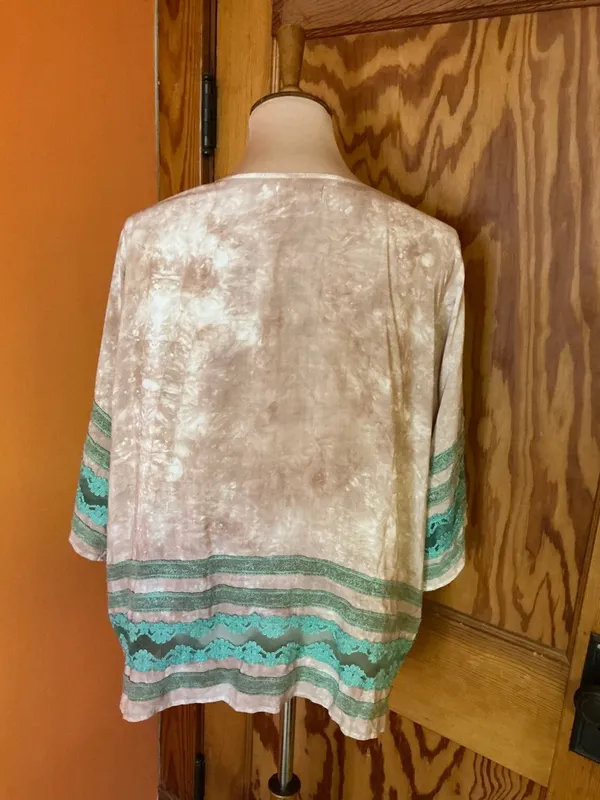 WYLD HEART Boho Tie Dye Kimono Cardigan Taupe Teal Lace Trim Open Front Size L - Image 13