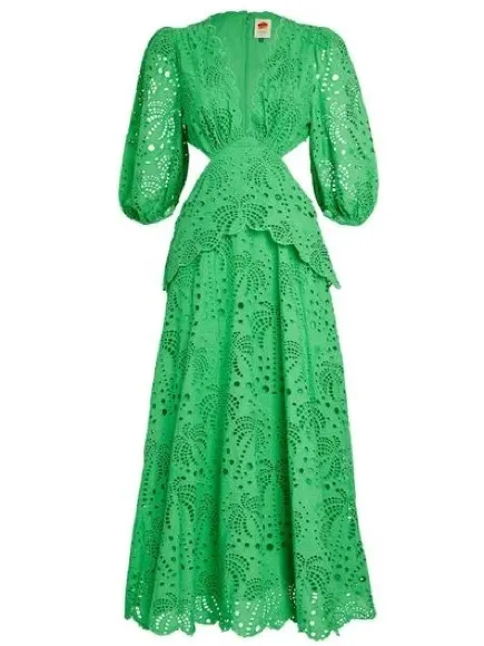 FARM Rio Green Richelieu Cutwork Midi Dress Bright Green Eyelet Cotton Sz M NWT - Image 7