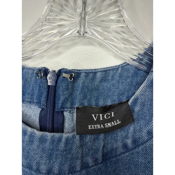 VICI Denim Heart Embroidered Mini Dress Blue Short‎ Sleeve Sz XS Valentine Art - Image 7