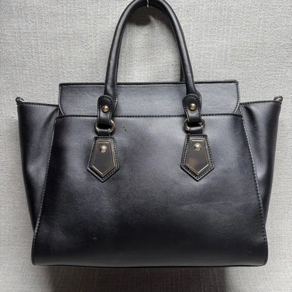 Black Faux Leather Satchel Handbag‎ Large Tote Purse Gold Hardware Edgy Workwear - Image 2