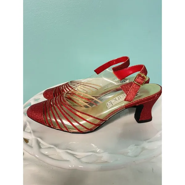 Vintage Amanda Cancun Red Glitter‎ Slingback Closed Toe Sp Occasion Heels Sz 7W - Image 5