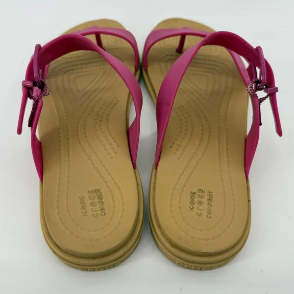 Crocs Tulum Toe Post Sandal Flip Flop Fuchsia Pink Tan Women 6 Buckle Straps - Image 4