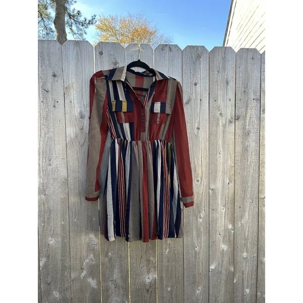 XTAREN Dress Size Small Stripe‎ Long Sleeve Fall Botton Cottage Cute - Image 2