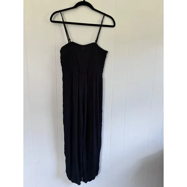 Prana Womens Black Smocked Gauze Jumpsuit Adjustable Straps L Lagenlook Boho - Image 2