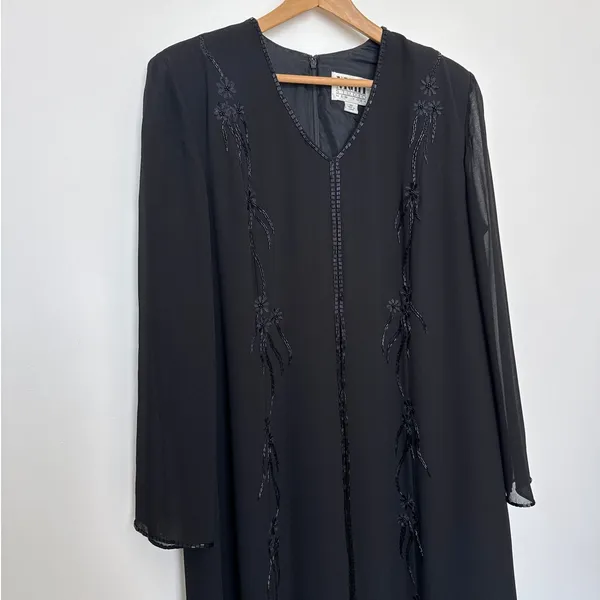 1990s Night Studio black beaded chiffon gown with sheer overlay & sleeves 16 - Image 5