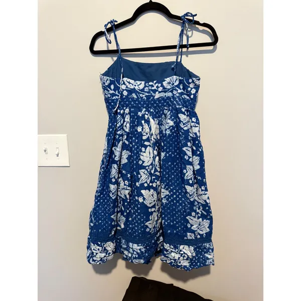 Gap Blue White Floral Tie Shoulder Mini Dress Lace Trim Sun Dress Womens 4 - Image 2