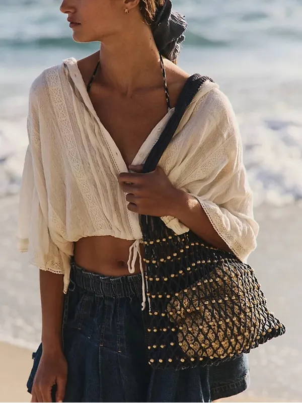 NWT Free People Navy Macramé Tote with Gold Bead Accents - Image 3