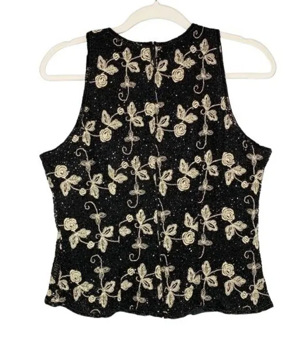 Laurence Kazar Silk Beaded Top Size Large Floral Embroidered Sleeveless Sz L - Image 4