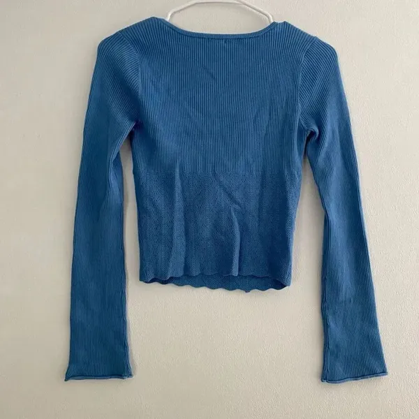 Garage Blue Ribbed Tie Front Long Sleeve Crop Top Size Medium Y2K Coquette - Image 3