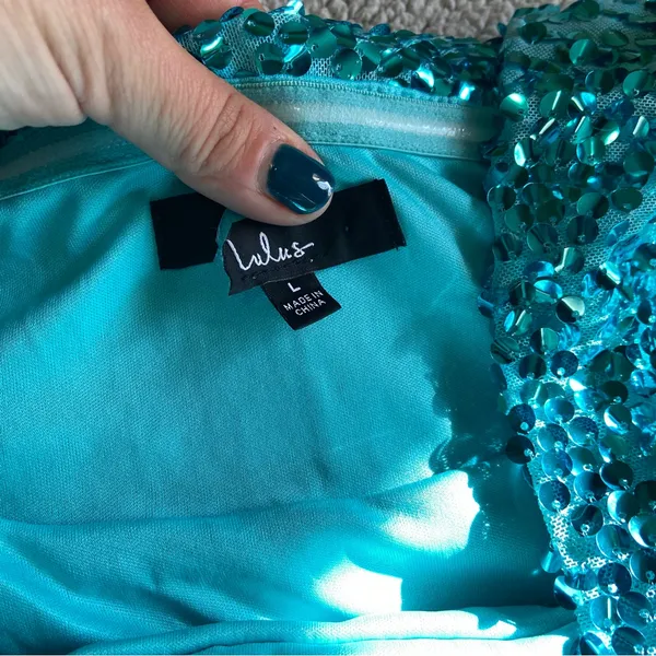NWOT Lulus Glittering Nights Aqua Blue Sequin Off-the-Shoulder Mini Dress - Image 9
