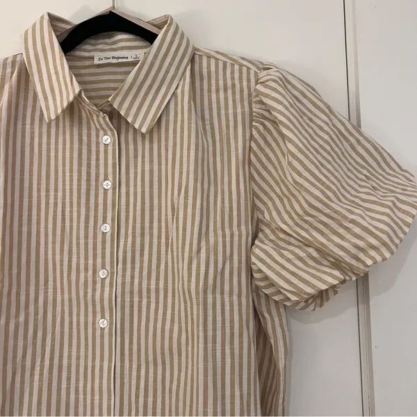 In the Beginning Tan and White Stripped Mini Cotton Dress Marissa Button Down - Image 4