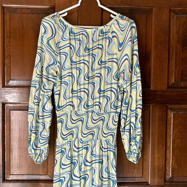 Skemo Blue‎ Yellow Long Dress Beaded Ruffle Hem Small Maxi Tiered Boho Abstract - Image 8