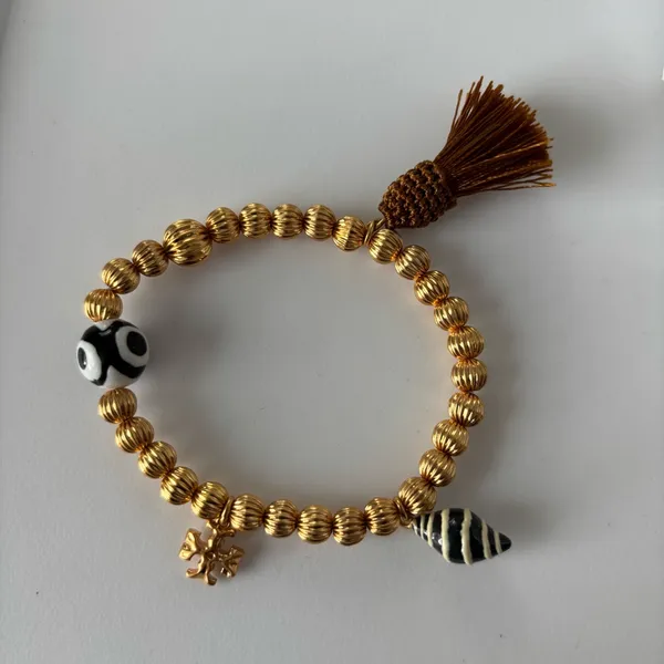 NWOT Tory Burch Gold Beaded Bracelet with Black and White Accents - Image 2