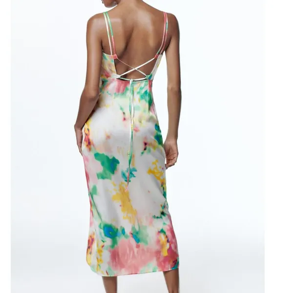 Zara NWT Womens XS Slip Sundress Asymmetrical Cowl Neck Floral Satin Sleeveless - Image 7