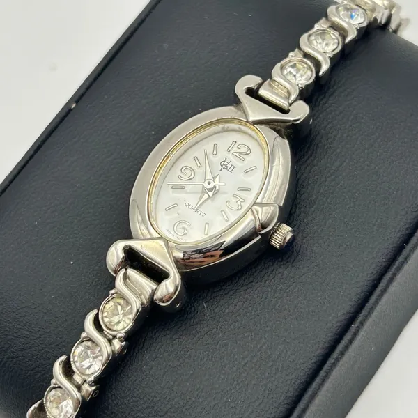 Women’s Silver-tone Watch Oval Dial with Crystals on the Band Working - Image 2
