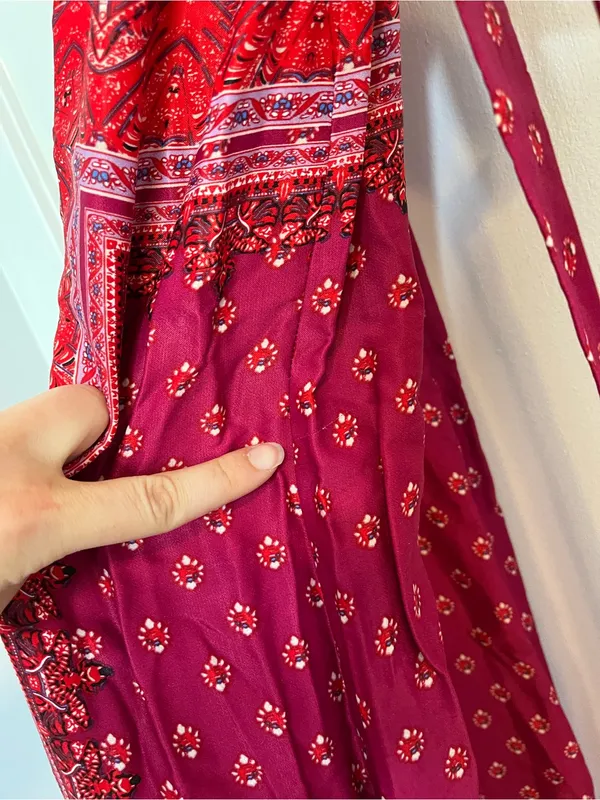 Free People Cabbage Rose Red pink Wide-Leg Wrap Jumpsuit size 0 paisley FLAWS - Image 9
