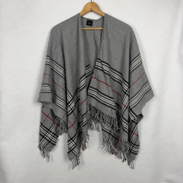V. Fraas Wrap Shawl Scarf Womens One Size Plaid Fringe Open Front Grey - Image 4
