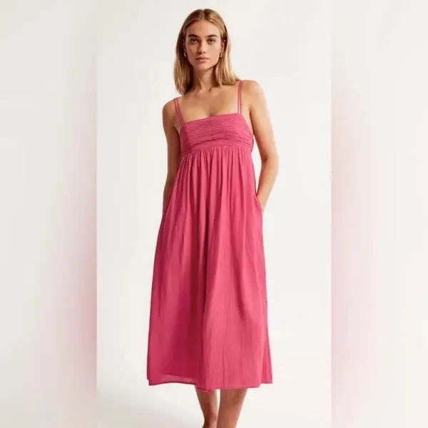 Abercrombie & Fitch Pink Babydoll Crinkle Textured Maxi Dress w/ Pockets XS - Image 3
