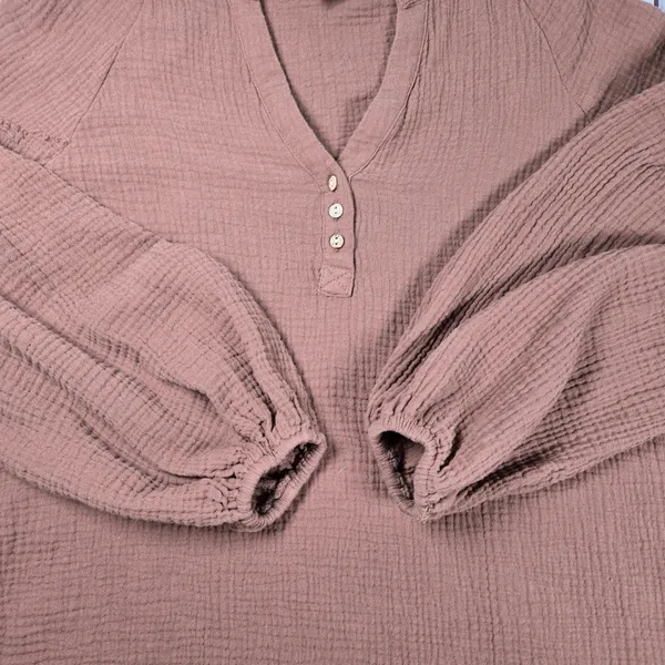 Cozy Co By Cozy Casual‎ Brown Gauze Cotton Henley Blouse L3324C M - Image 6