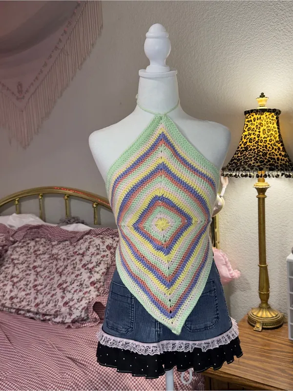 Handmade Pastel Multicolor Crochet Halter Camisole Top - Image 7