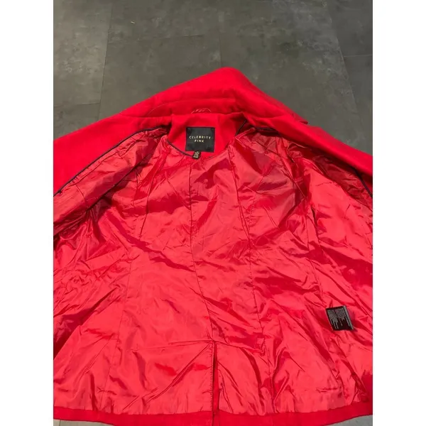 Celebrity pink Vibrant Red Double-Breasted Peacoat Wool Blend Winter‎ Coat - Image 3