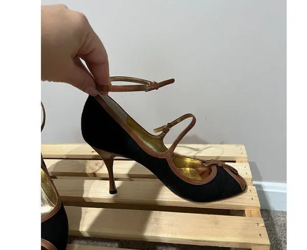 Dolce & Gabbana Women’s Shoes Black brown Fabric Open toe Platform Heels 38.5 - Image 2