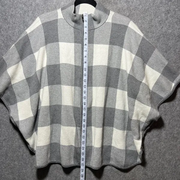 Jones‎ New York Sweater Poncho Cape Grey White Buffalo Plaid Full Zip Front L/XL - Image 3