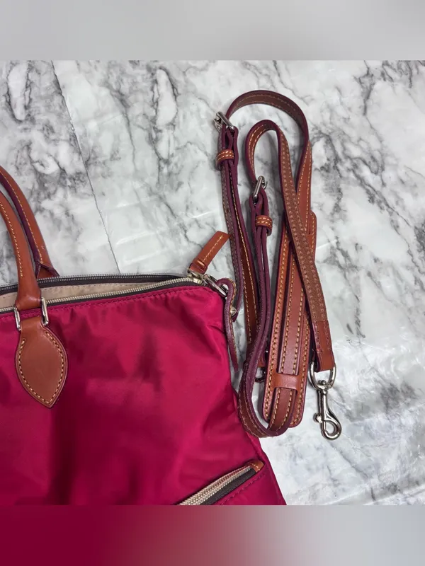 Dooney & Bourke Red Tote bag purse Brown Leather Trim Strap Classic - Image 3