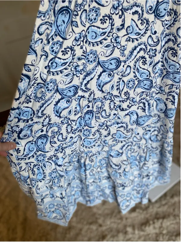 Zara Paisley Linen Smocked Boho Maxi Dress XS Coastal Nautical Breezy Italy Chic - Image 5
