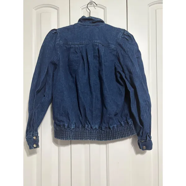 Denim Jacket Puff Sleeve Dark Wash Blue Smocked Back Mock‎ Neck Vintage Style - Image 6