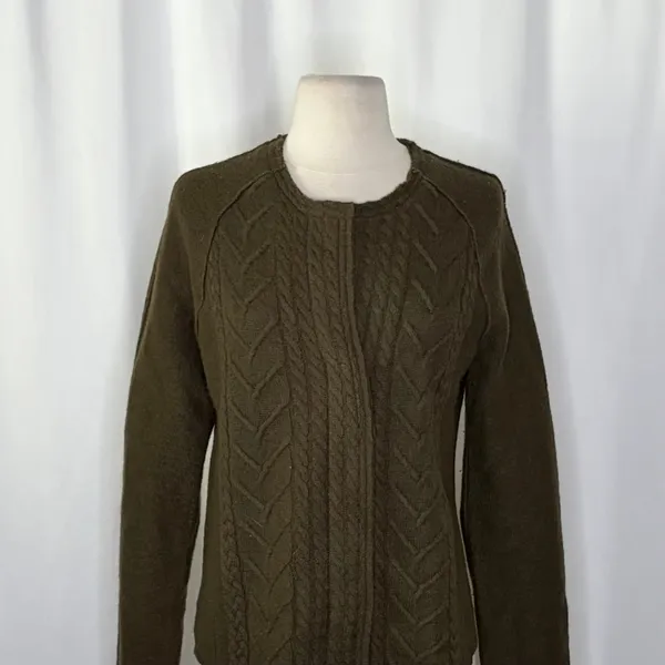 Anthropologie KNITTED & KNOTTED Green Wool Zippered Cable Knit Cardigan Medium‎ - Image 3
